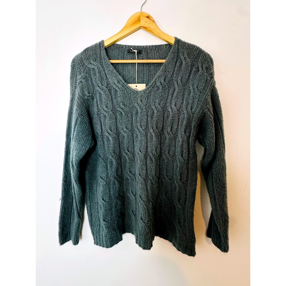 Saga Made in Italy Sweater V-Neck‎ Cable Knit Wool Blend Gray Women's